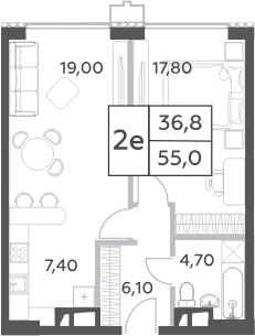 2 Евро — 36,8 / 55,0 м²