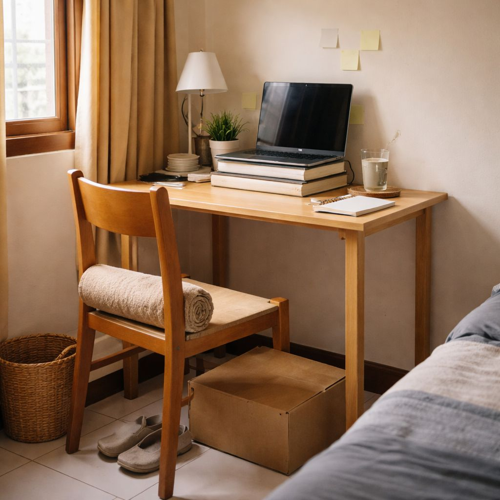 Home office nyaman di ruang sempit dengan meja kayu kecil, laptop di atas buku, kursi sederhana, dan footrest kardus