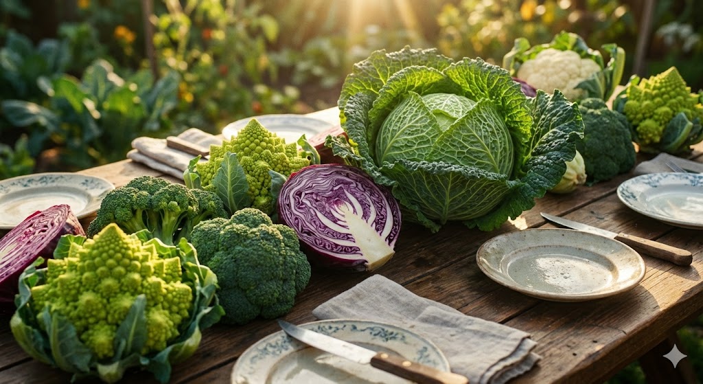 Разнообразие видов капусты на деревянном столе в лучах солнца