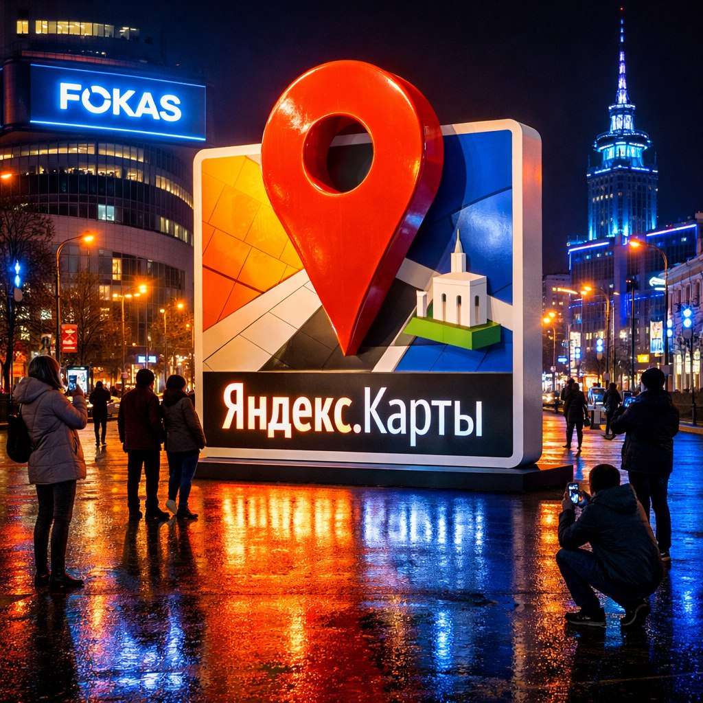 гигантская карточка компании Яндекс Бизнес на городской площади
