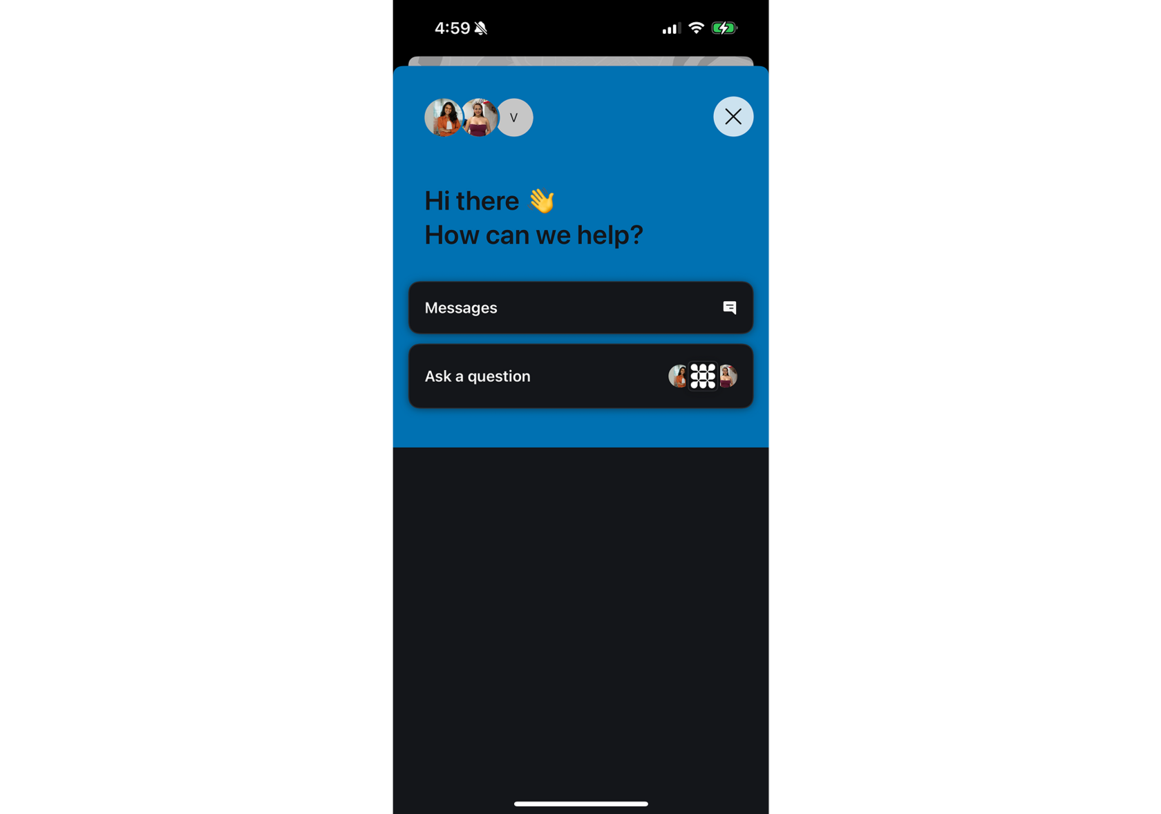 The support menu in the Epic Charging app: Fin AI Agent and the human team share the same inbox.