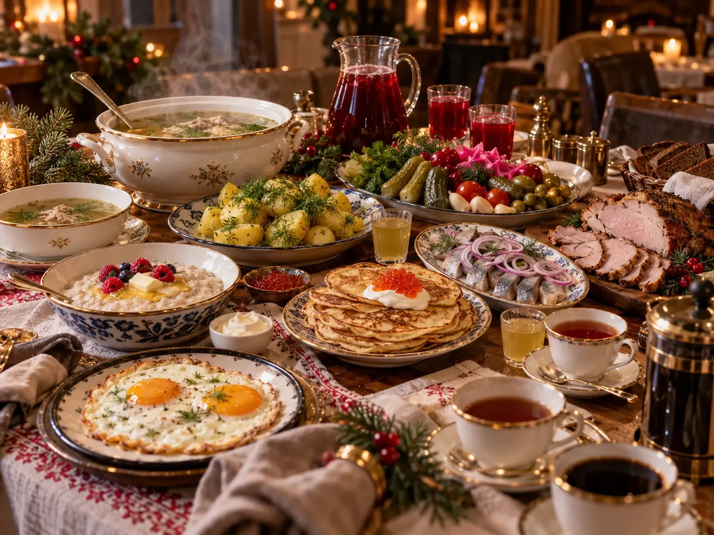 Завтрак с блинами и русскими закусками