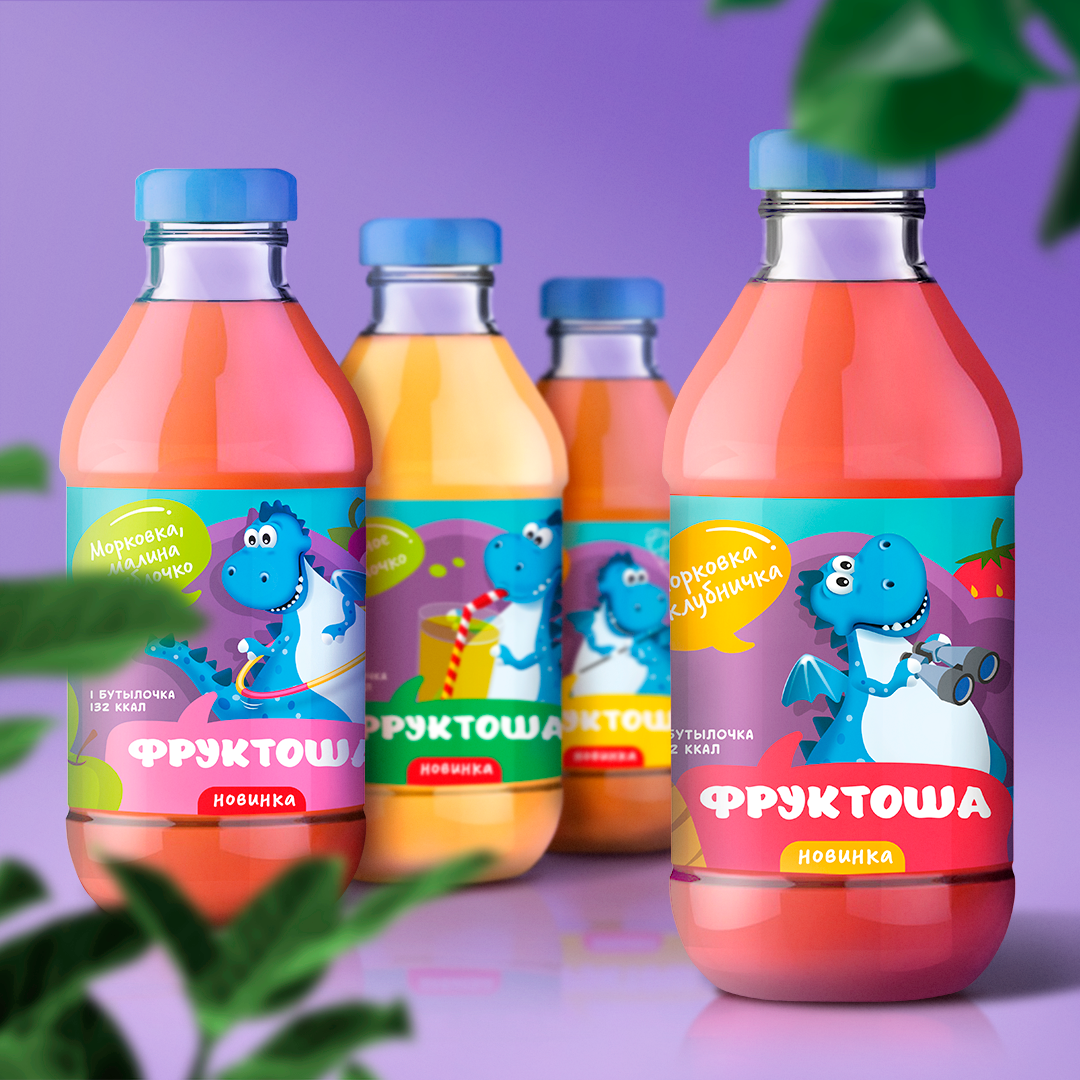 Этикетка детского сока с иллюстрацией персонажа «Фруктоша»