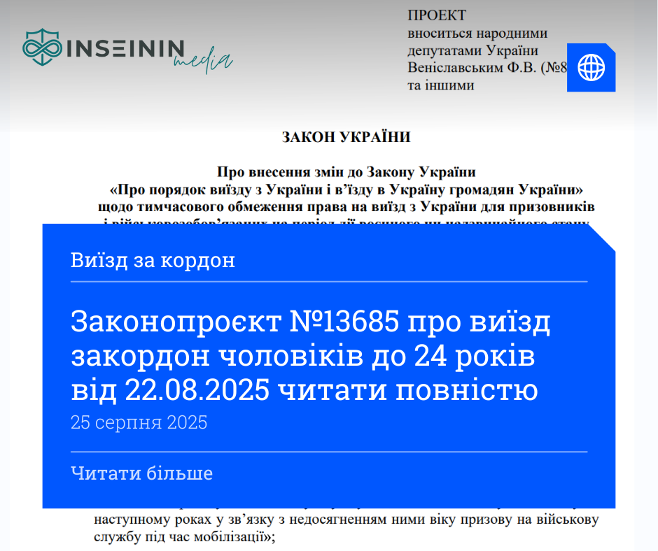 Законопроєкт №13685 про виїзд закордон чоловіків до 24 років від 22.08.2025 читати повністю