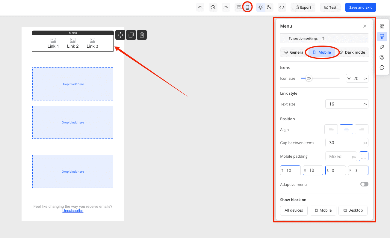 Open the mobile mode editor and click to menu block to edit it