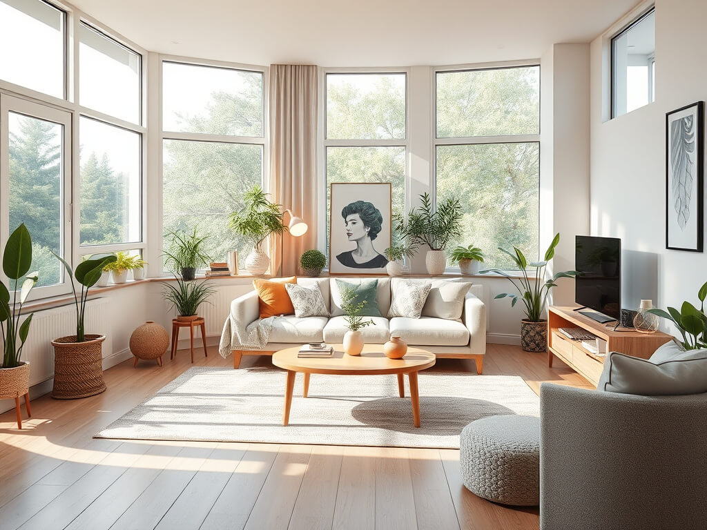 A cozy, modern apartment with large windows that allow plenty of natural light to flood the space. The interior features light tones, minimalist furniture, and carefully selected decorative elements that create a sense of openness and comfort. The central