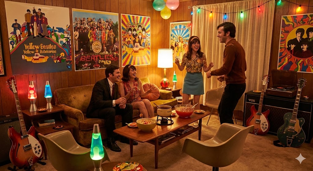 Интерьер комнаты в стиле 60-х для вечеринки в честь дня Битлз 