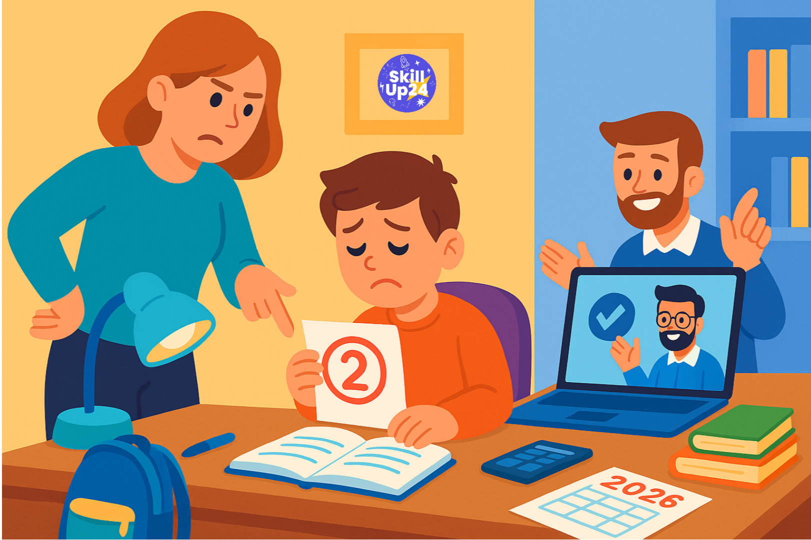Ребёнок 8–11 лет сидит за столом с тетрадью и плохой оценкой, рядом сердитый родитель, на экране ноутбука улыбающийся репетитор, контраст между стрессом и поддержкой, яркая мультяшная иллюстрация