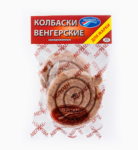 Колбаски «Венгерские» для жарки от производителя Мерилен — замороженные полуфабрикаты из свинины и говядины. Упаковка: 500 гр.
