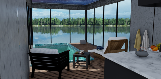 " шезлонга и столик возле панорамного окна с видом на реку