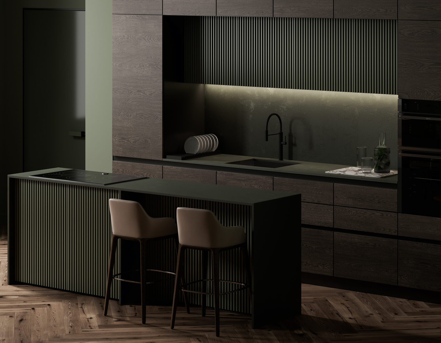 Dark wood veneer fronts combined with embossed languid green fronts