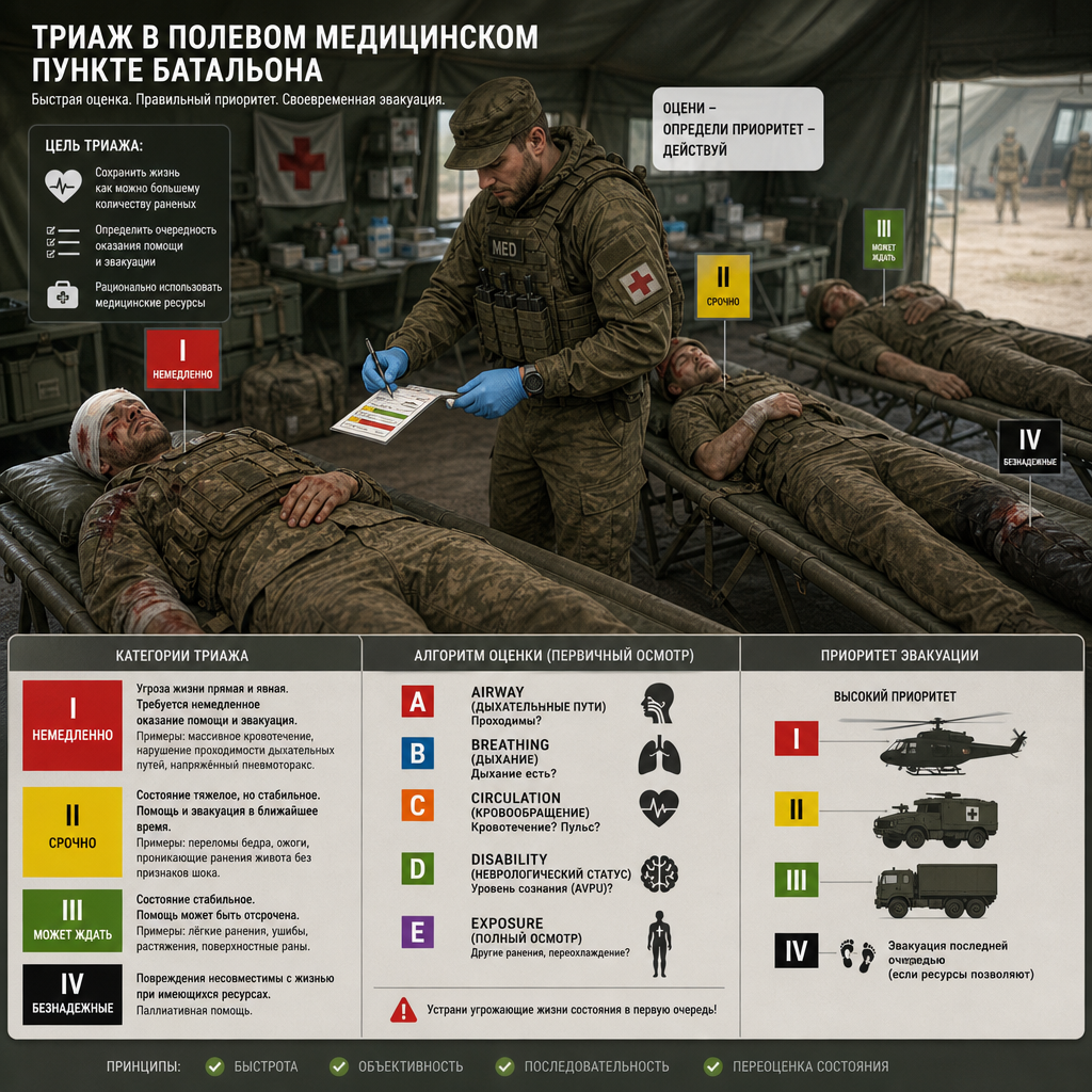 Медбрат проводит сортировку раненых (триаж) в полевом медицинском пункте батальона — несколько носилок с бойцами, медбрат оценивает состояние каждого и расставляет приоритеты эвакуации