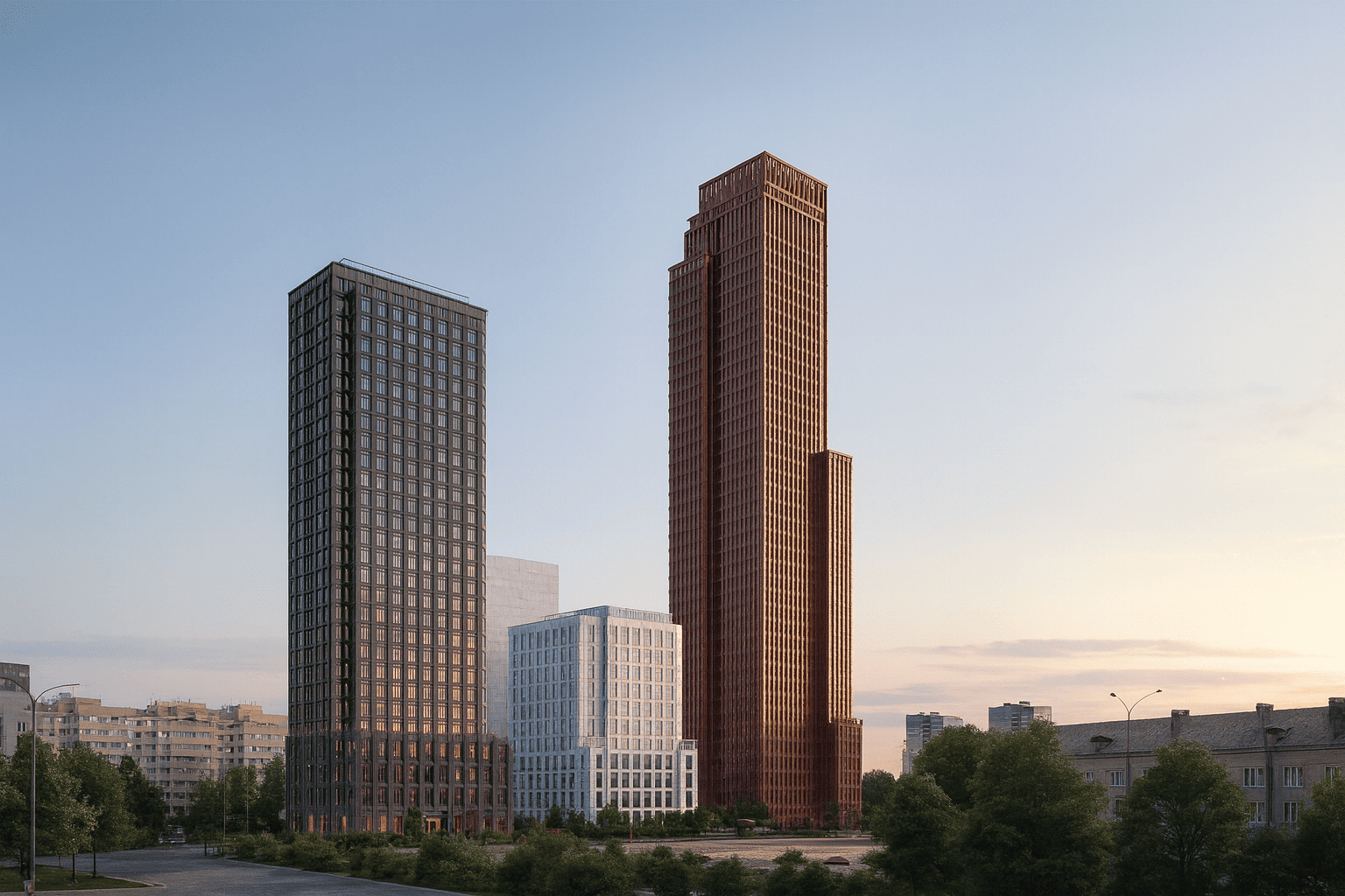 Визуализация жилого комплекса «Среда на Кутузовском» в утреннее время: три высотных корпуса — тёмно-серый, терракотово-красный и светло-белый, освещённые мягким золотистым светом восходящего солнца. На переднем плане — зелёные деревья и городская улица, на заднем плане — дома и ясное утреннее небо с лёгкими облаками.
