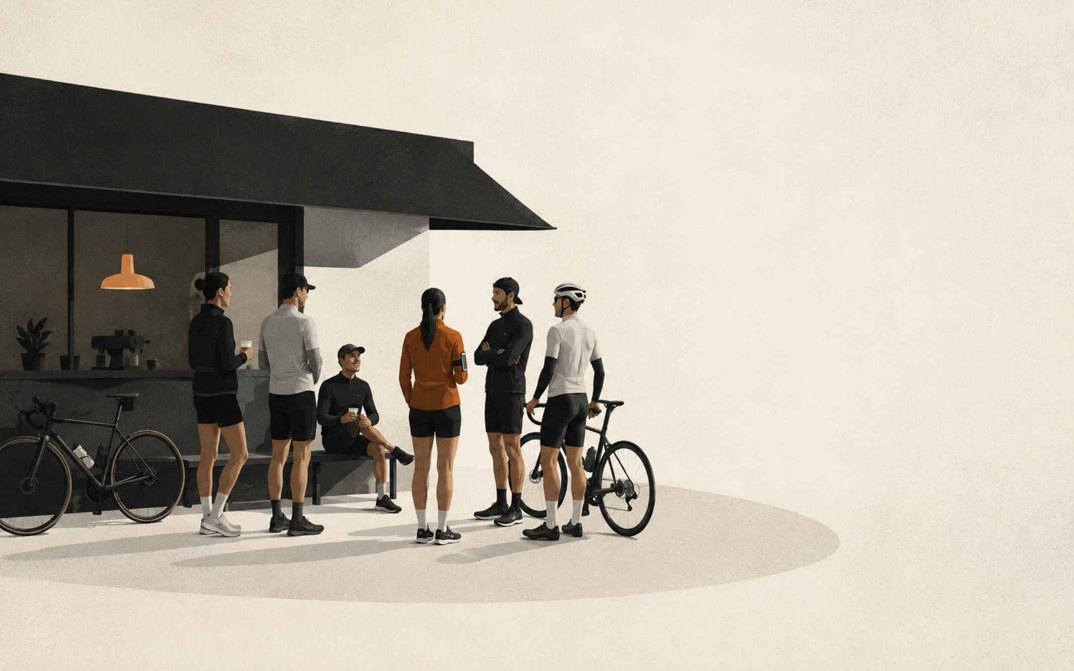 Runner e ciclisti riuniti davanti a un café dopo un’attività sportiva di gruppo.