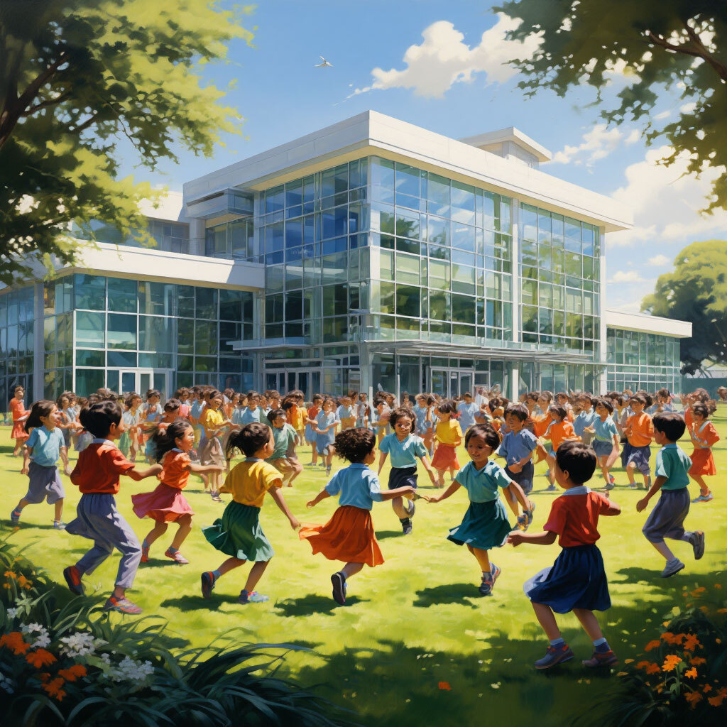 Дети играют в хоровод на лужайке перед современной школой