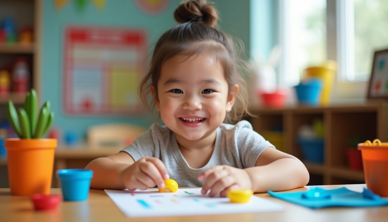 A 4-year-old child happily engages in hands-on learning activities at school.