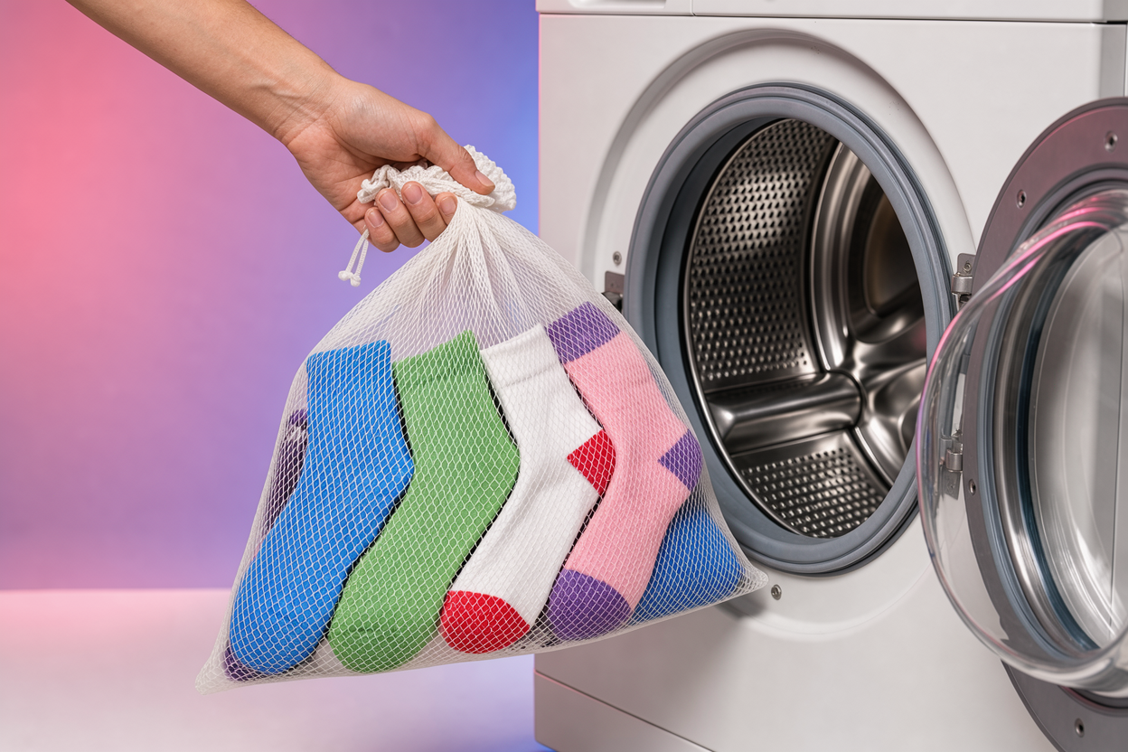 Mesh laundry bag with several pairs of socks inside being placed into a front-loading washing machine drum