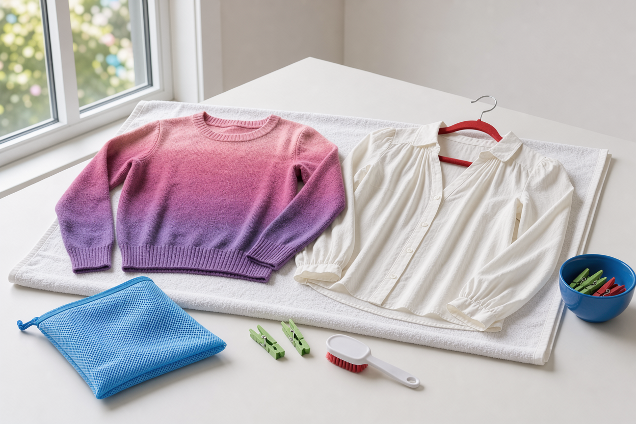 delicate clothes laid flat on a towel to dry indoors, sweater reshaped and blouse on a wide hanger, natural light, no logos