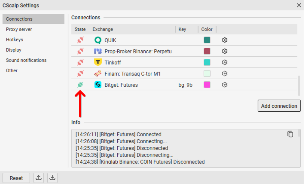 How to trade on Bitget: Bitget Connections Settings in CScalp