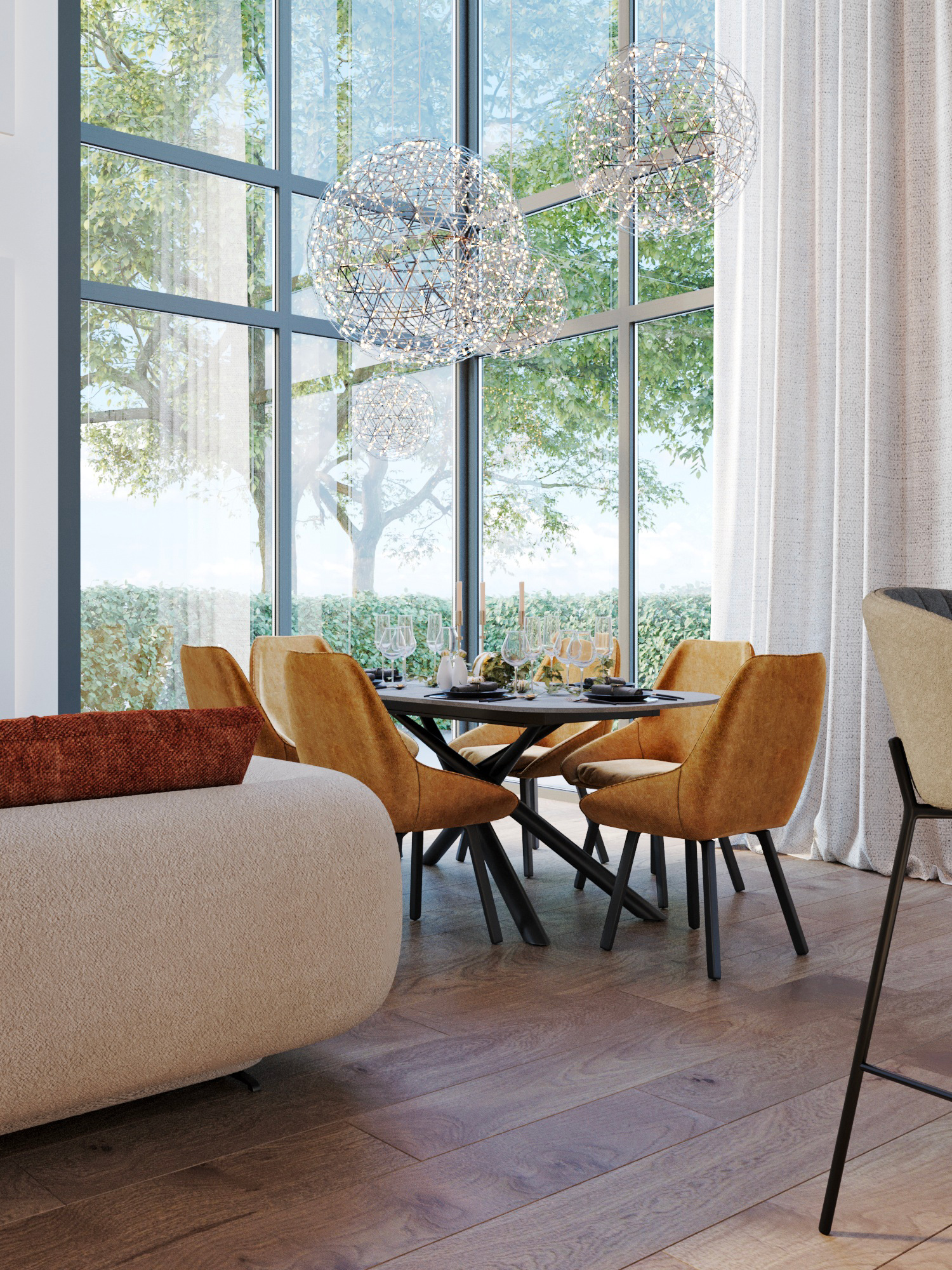 Décoration salle à manger avec mur orange, chaises grises et déco contemporaine
