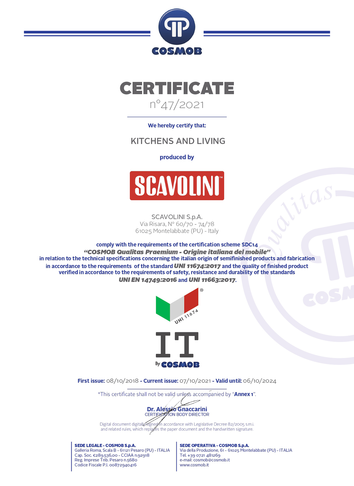 Сертификат качества Scavpolini 