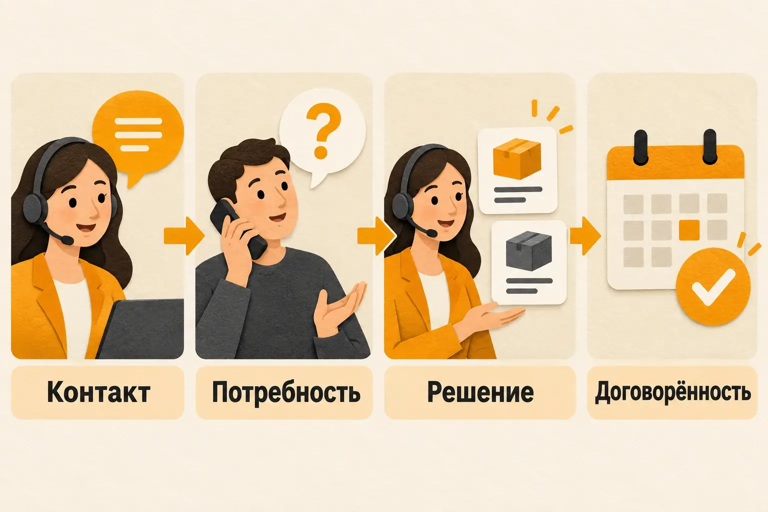 Этапы оценки звонка: контакт, потребность, решение и договорённость