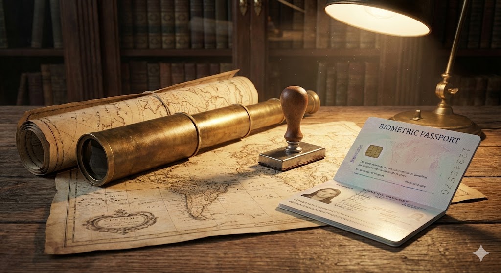 Винтажная карта и паспорт на столе