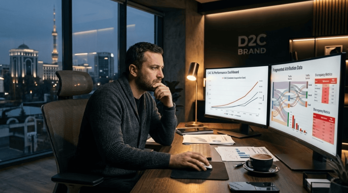 D2C brand marketing lead reviewing rising customer acquisition cost data on multiple screens in a modern Tashkent office, illustrating the biggest challenges for D2C brands in 2026.