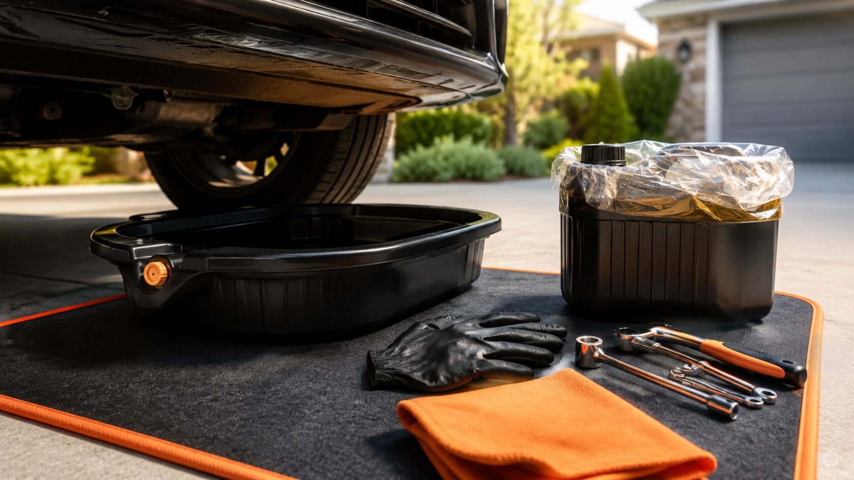 Mobile oil change without garage lift using drain pan on driveway