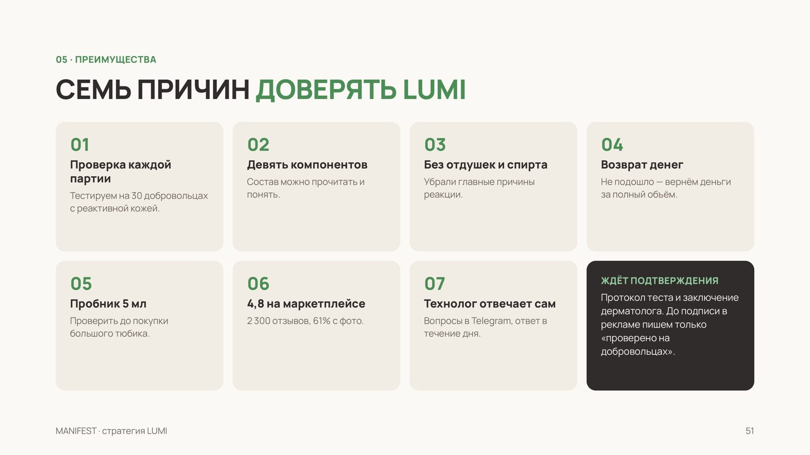 Причины доверять бренду — пример из демо-стратегии MANIFEST для вымышленного бренда