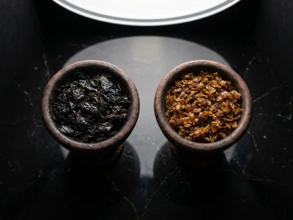 Side-by-side comparison of Dark Leaf and Blonde Leaf tobacco, showing the visual difference between higher and lower nicotine shisha tobacco.