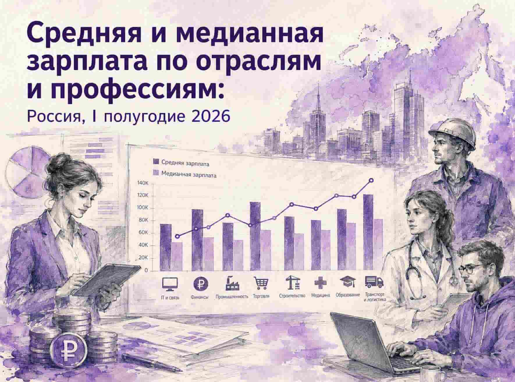 Средняя и медианная зарплата по отраслям и профессиям: Россия, I полугодие 2026