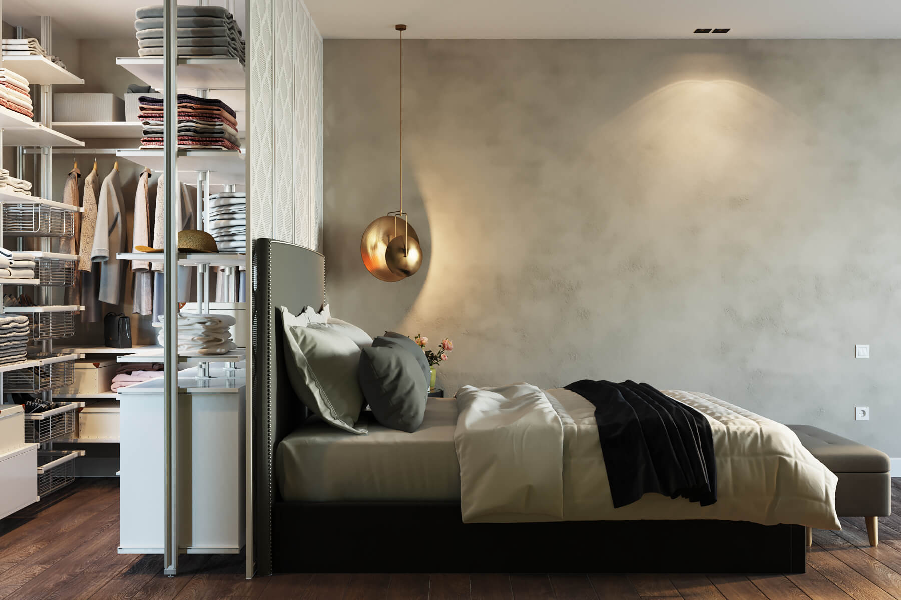Chambre moderne avec dressing en tons gris-beige et suspension dorée