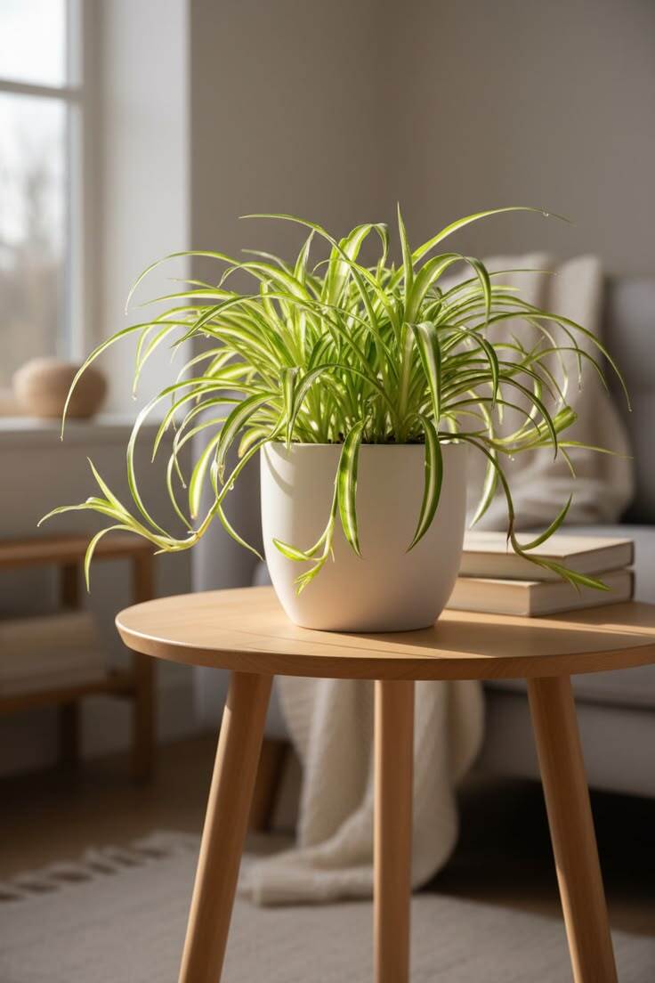 Potted plant on wooden shelf
