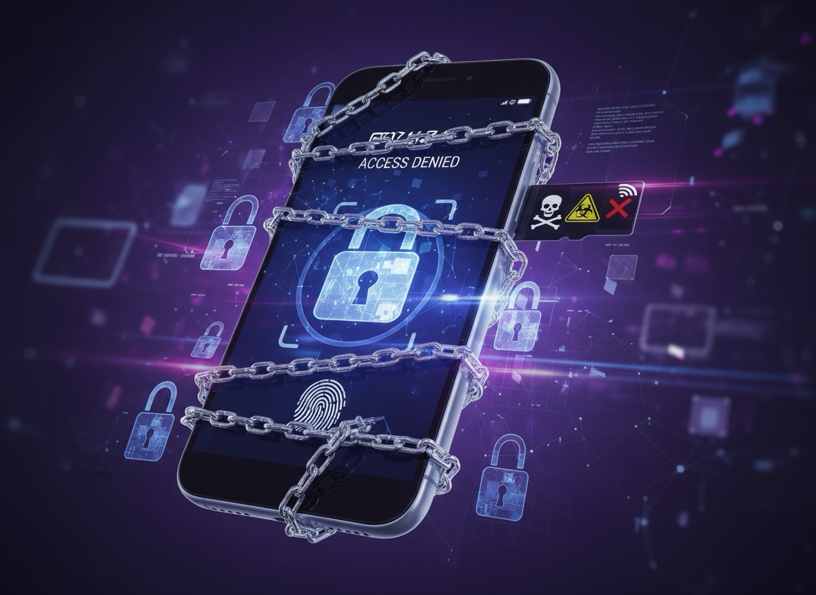 Смартфон и SIM-карта, заблокированные цифровым замком, на фоне абстрактных замков и фиолетово-синего градиента, символизирующие недоступность банковских SMS и ограничение мобильной связи.