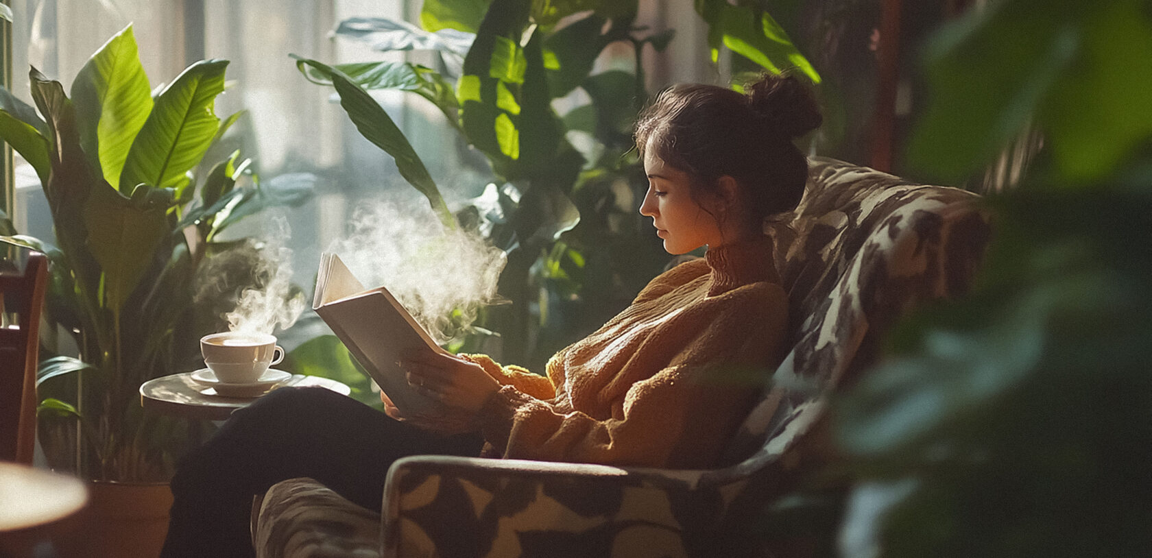Девушка читает книгу в кресле кофейни, рядом чашка кофе