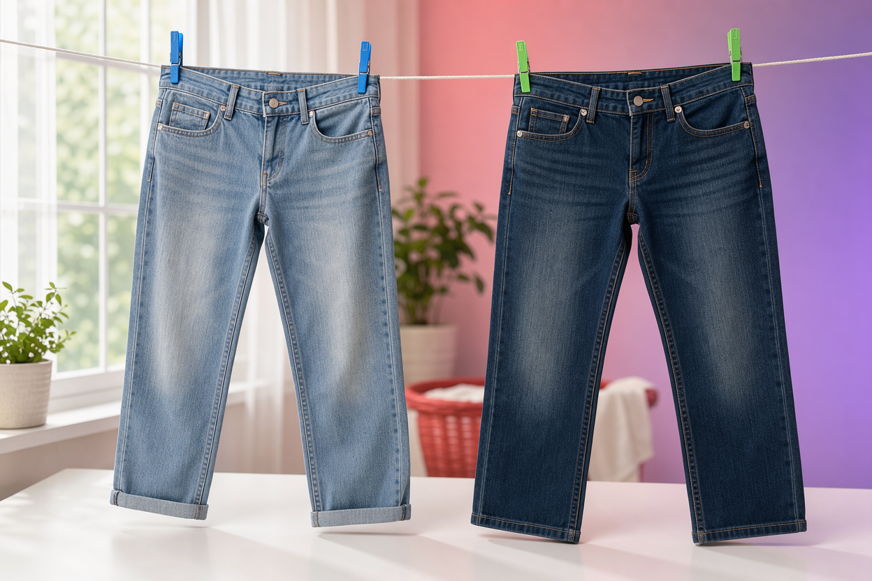 Two pairs of jeans hanging to dry on a clothesline indoors near a window, one light and one dark, showing even drying and no direct sunlight