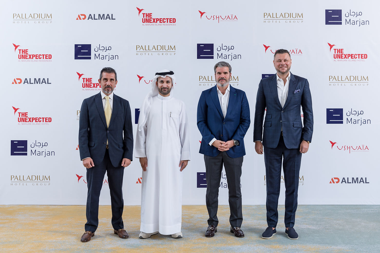 From Right to Left: Dmytro Starovoitov, Founder, Almal Real Estate Development; Arch. Abdulla Al Abdouli, Chief Executive Officer, Marjan; Jesús Sobrino, Chief Executive Officer, Palladium Hotel Group; Khaled Assaf - Commercial Director, Marjan. 