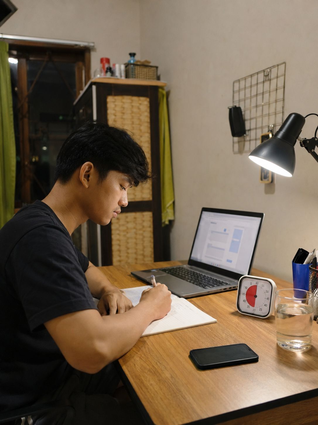 Pekerja belajar dalam sesi singkat dengan timer dan ponsel diletakkan menjauh