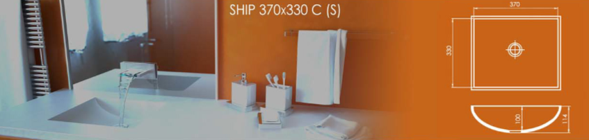 Интегрированная раковина SHIP 370x330 C (S) из акрилового камня, размеры: ширина 370 мм, глубина 330 мм, высота борта 114 мм. Схема параметров и монтажа