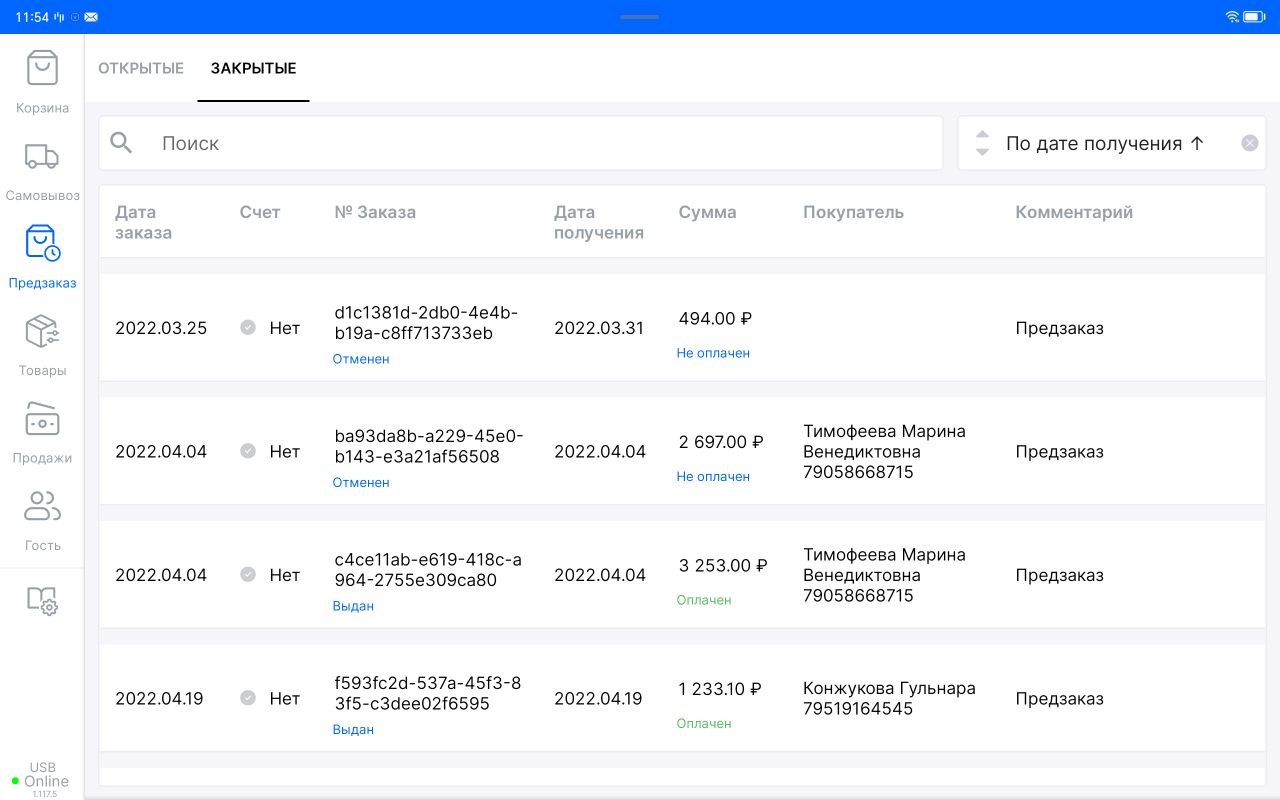 Список онлайн-заказов и самовывоза