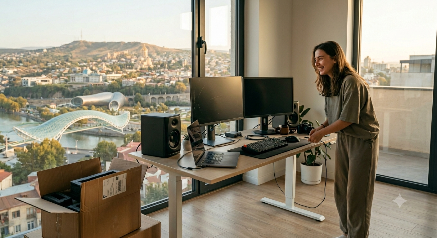 A woman setting up her tech workspace in a modern Tbilisi apartment with a panoramic city view and moving boxes on the floor.