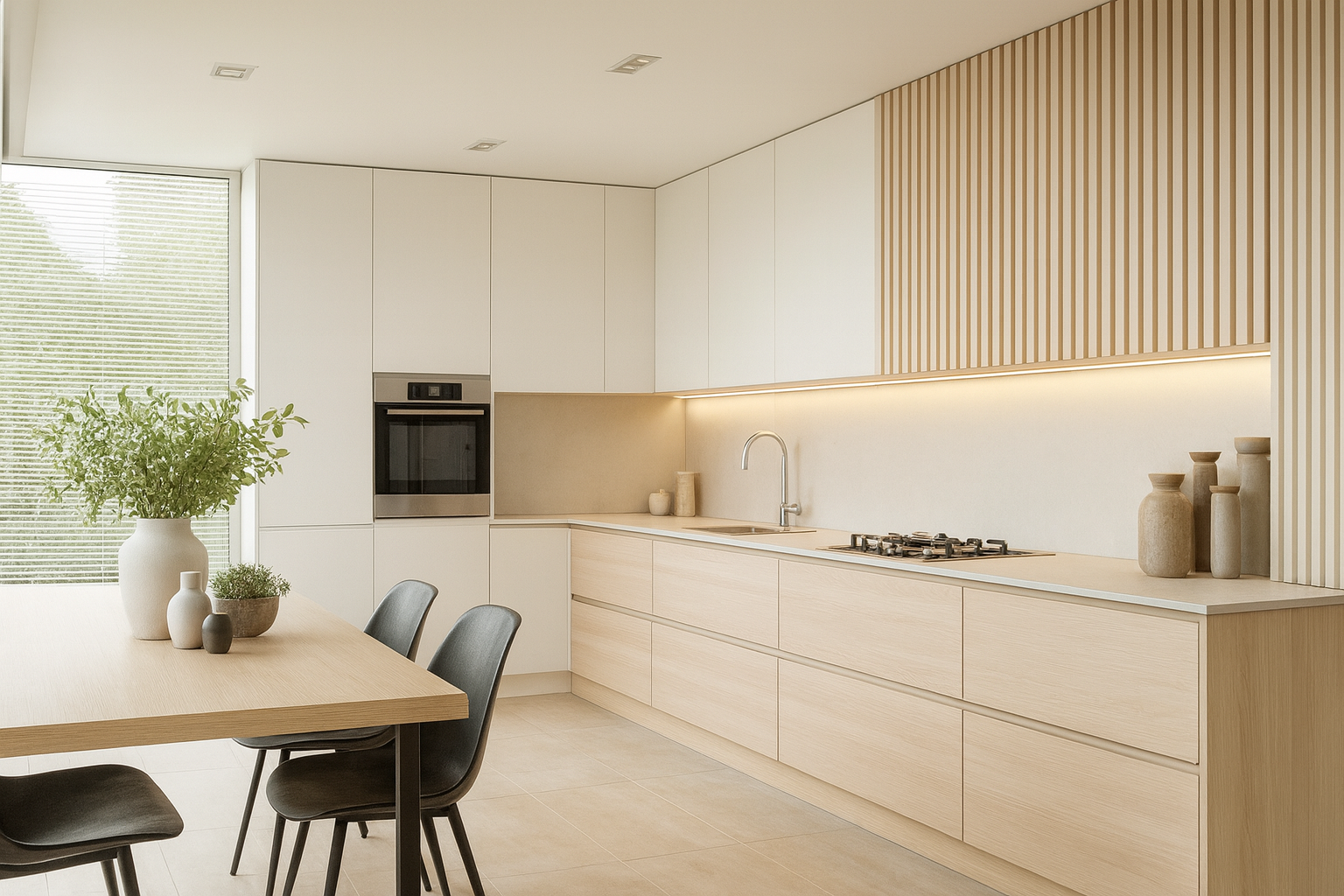 Светлая современная кухня-студия в стиле минимализм: линейная стенка с пеналами, матовые белые и светло-дубовые фасады, кварцевая столешница, LED-подсветка 4000К под верхними шкафами, газовая варочная панель, встроенный духовой шкаф; слева — стол с тёмным