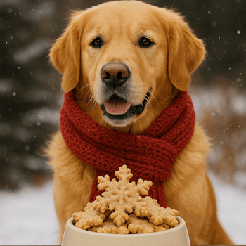 Золотистый ретривер в красном шарфе сидит на снегу рядом с миской DOGMAX, наполненной зимним печеньем в форме снежинок.
