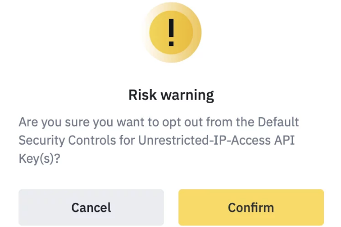 Risk warning of the Binance Futures API key permissions selectio