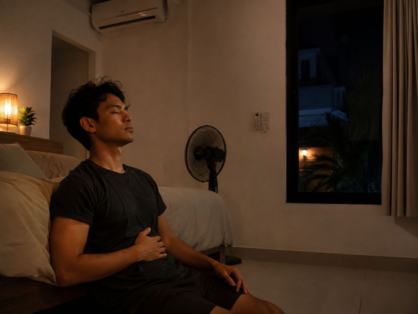 Seseorang melakukan teknik pernapasan perlahan di kamar yang redup sebelum tidur