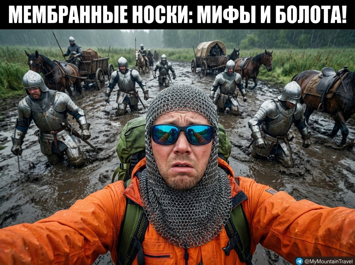 Мембранные носки на ногах туриста при переходе через реку