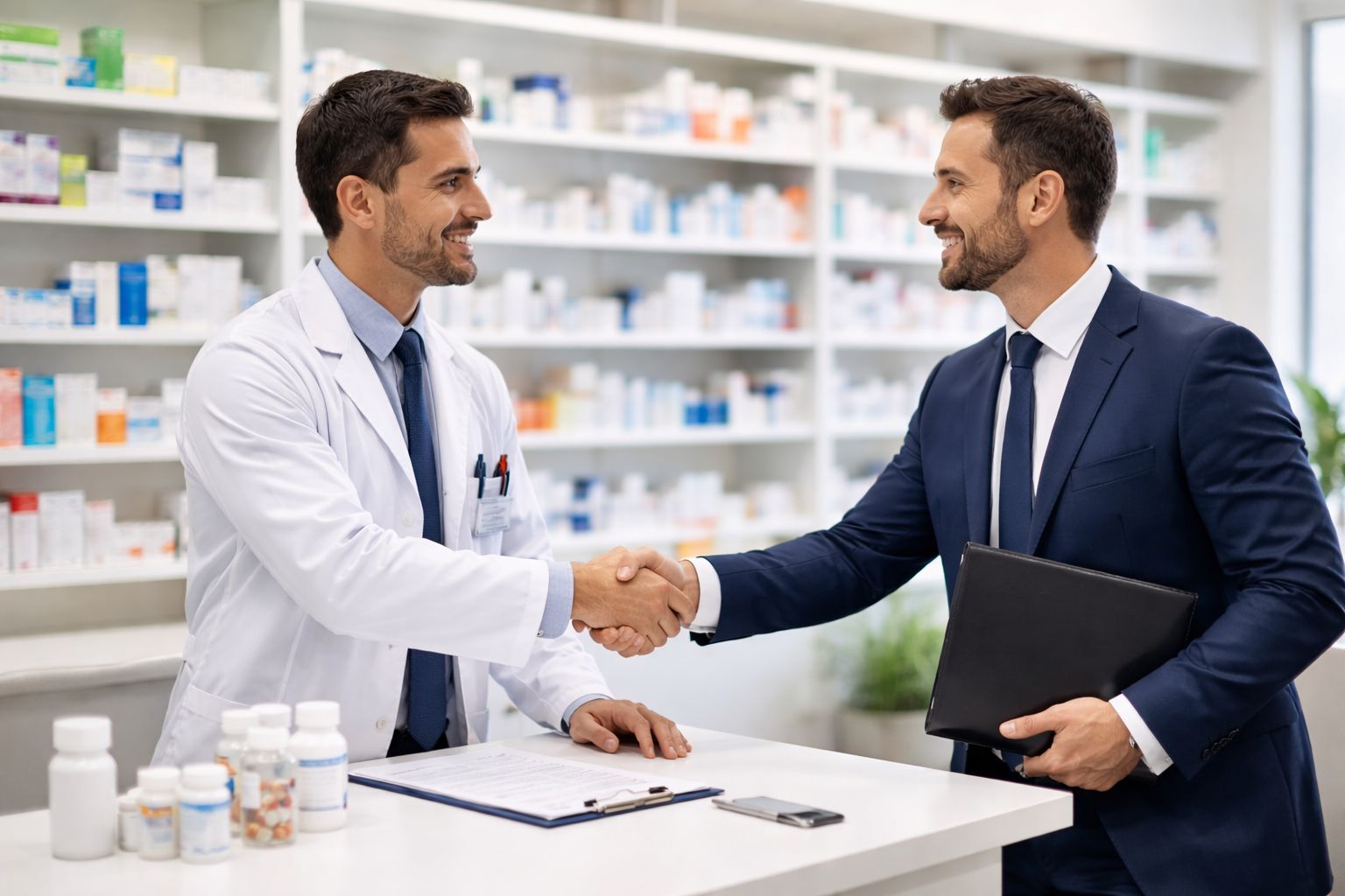 farmaceuta y abogado estrechando sus manos cerrando un trato