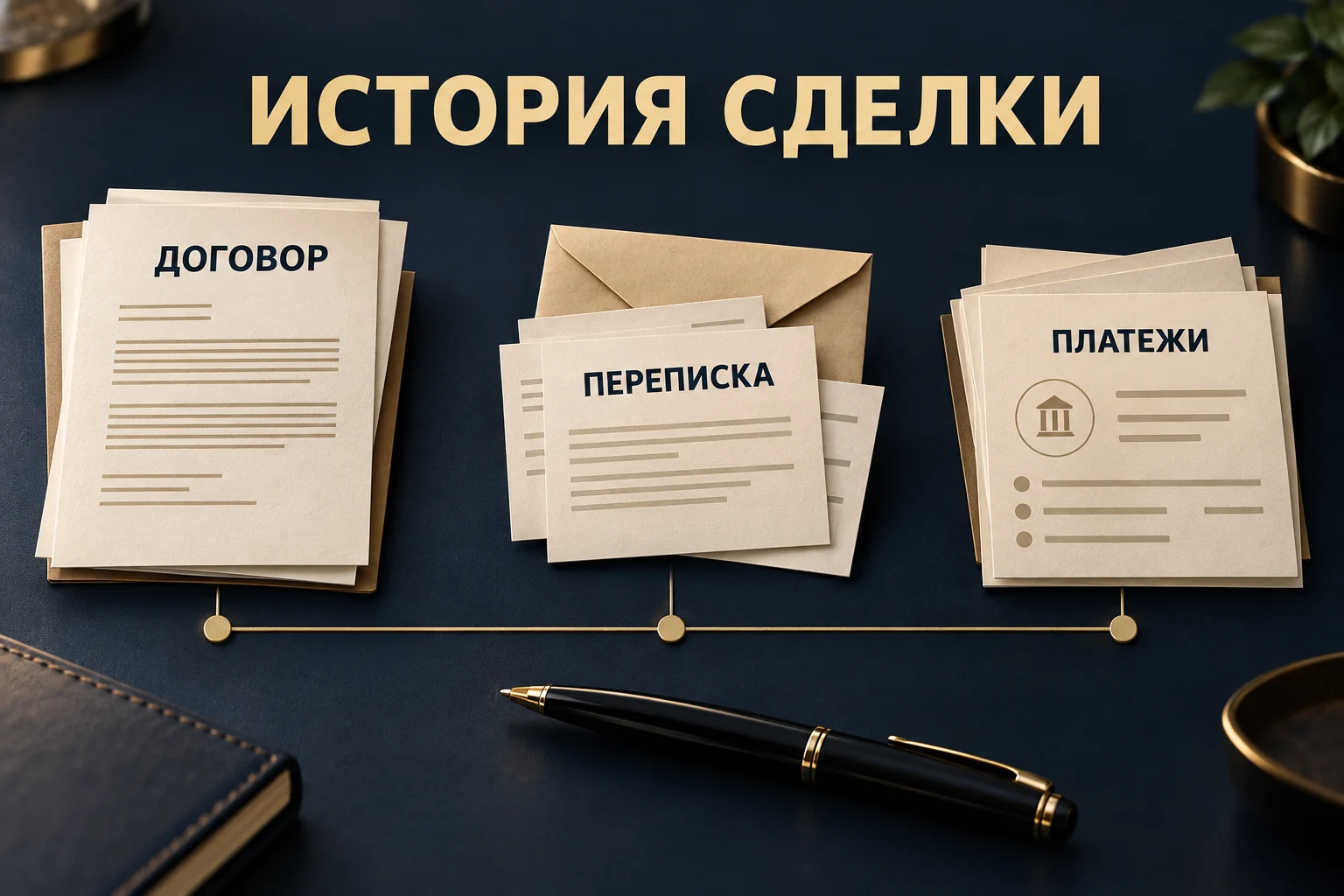 Концептуальная временная линия хозяйственной сделки с договором, перепиской и платёжными документами