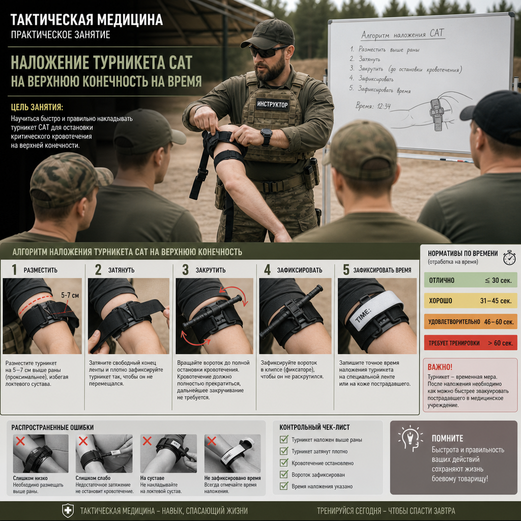 инструктор по тактической медицине проводит практическое занятие с группой кандидатов на контрактную службу — отрабатывается наложение турникета CAT на верхнюю конечность на время